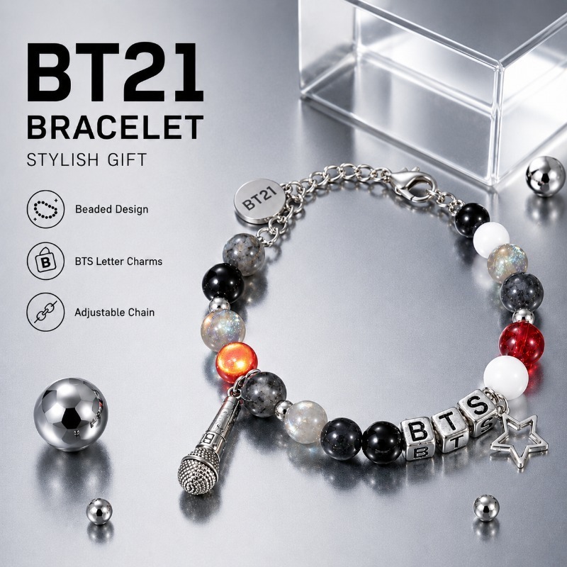 Jewelry Making - BT21 Black Red Beaded Bracelet, Fan